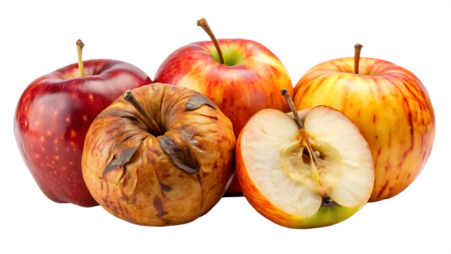One rotten apple and four fresh apples including a halved one on black isolated on a transparent background