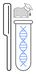 Test tube with DNA strand, open book, and graduation cap symbolizing genetic research, education, and science. Ideal for biotechnology, learning, scientific study, innovation healthcare academic