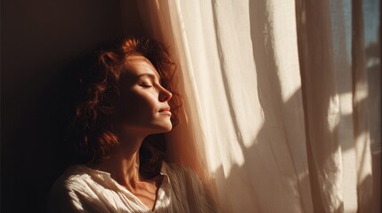 A serene composition of a woman resting in a sunlit room surrounded by softly billowing curtains conveying feelings of comfort and serenity ideal for imagery centered around relaxation