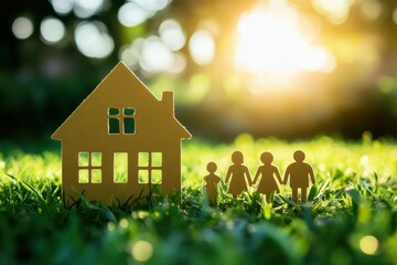 A miniature house and family figures stand on green grass bathed in warm sunlight creating a cozy scene