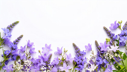 Naklejka premium Border of bluebell flowers, veronica spikes and gypsophila on white background AI-generated