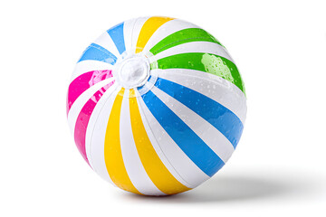 A colorful beach ball with stripes of pink, yellow, green, and blue sits on a clean white background, perfect for summer. Ai Generated Images