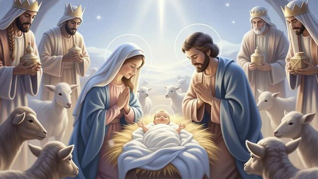Holy family with baby jesus and three wise main at manger with sheep, religious christmas scene footage.