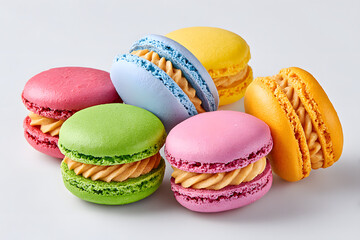 Delightful array of colorful macarons in pink, green, blue, yellow, and orange, a delectable display of French pastry confectionery treats. Ai Generated Images