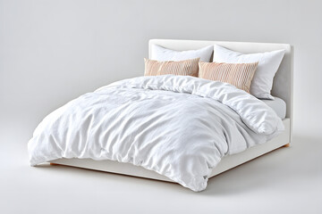 Elegant white bed with soft duvet and pillows showcases cozy bedroom interior design in a minimalist setting, perfect for relaxation. Ai Generated Images