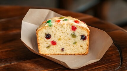 Delicious Fruitcake Slice on Wooden Table Sweet Bakery Treat