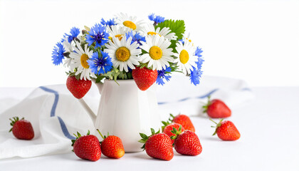 Daisy and cornflower bouquet with strawberries in white jug on white background AI-generated