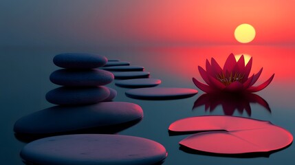 Serene Sunset: Zen Stones and Water Lily at Dusk