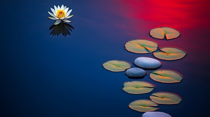 Serene Sunset Water Lily Pond with Stones:  Peaceful Nature Scene