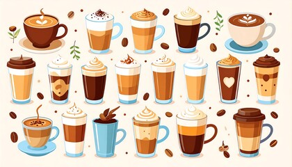 Collection of assorted coffee beverages showcasing delicious cappuccino, latte, mocha, and espresso drinks in cups and glasses