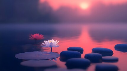 Serene Sunset: Water Lilies and Stepping Stones on Calm Lake