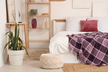 Interior of modern bedroom with shelving unit, houseplants and purple blanket on bed
