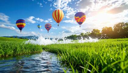 Fototapeta premium Hot air balloons flying over grassy field with water splash and blue sky, AI-generated