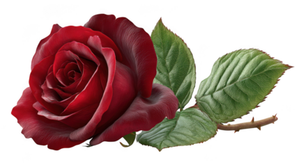 A deep red rose with green leaves and a thorny stem is isolated on transparent background