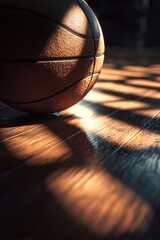 A sports equipment baskeball ball sits poised on a wood court surface, illuminated by sunlight, with dark background and sharp details.