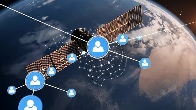 Animated satellite orbiting Earth connected to multiple user icons representing network connectivity and global communication