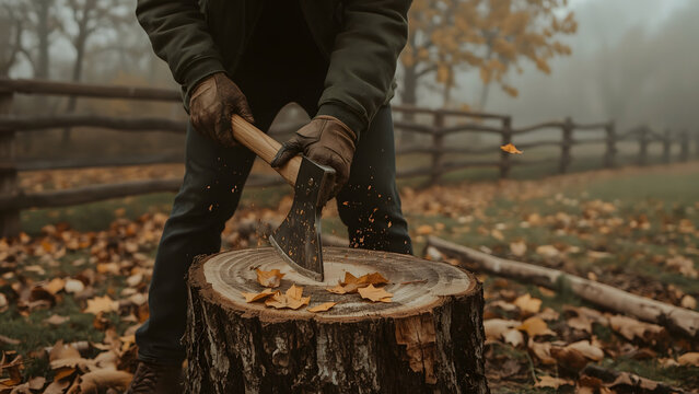 A man chops wood on a tree stump outdoors, with fallen leaves scattered around, on an autumn day.