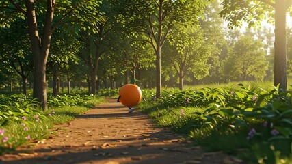 Running orange fruit character promoting healthy active lifestyle in sunlit forest path