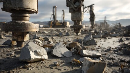 Close-up of drill rigs in operation with rock fragments scattered across the ground