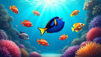 Colorful Tropical Fish Swimming in Clear Blue Water with Coral Reef Background &ndash; Vibrant and High-Detail Realistic Underwater Scene Illustration