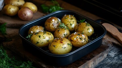 Roasted Potatoes with Herbs in Black Dish Delicious Food Photography