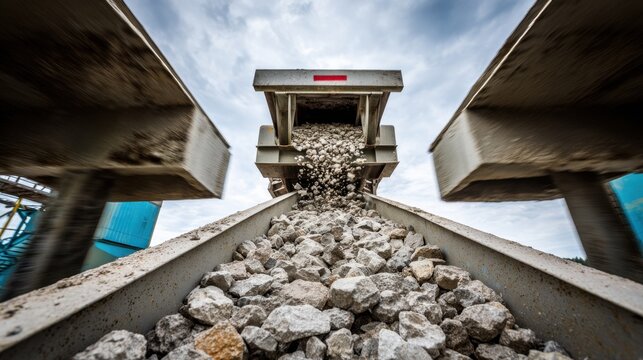 Conveyor system dumping rocks into primary crusher at extraction plant