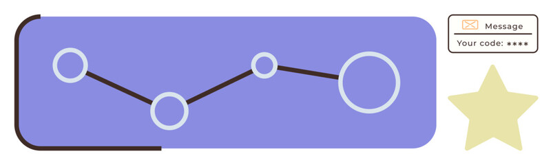 Path with interconnected circular nodes, secure numeric code on message, and highlighted star. Ideal for communication, security, analytics, data flow, recognition achievement progress. Simple flat