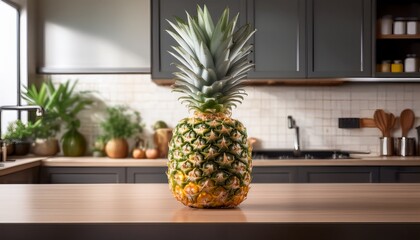 ripe pineapple standing upright on a sleek kitchen counter