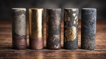 Geological core samples of gold ore lined up beside rock crusher