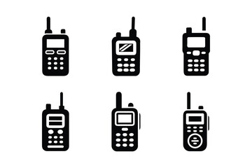 Collection of six distinct black silhouette icons representing various portable two way radio communication devices on a white background
