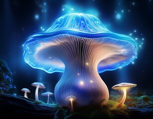 vibrant luminescent mushroom in swirling blue aura