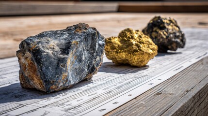 Gold-bearing rock samples beside core log table at field camp station