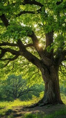 A sunlit tree with green leaves and thick branches reaching towards the bright sky above the forest
