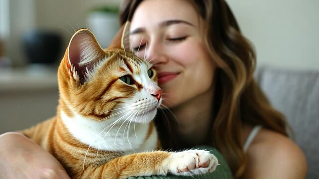 Young woman hugging an orange and white cat indoors feeling love and affection.  The cat nuzzles her face.  Soft natural lighting, blurred background. Focus on connection