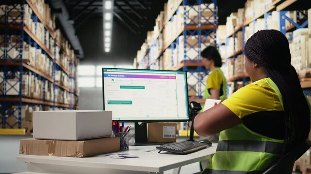 Black warehouse employee manage labeling and packaging tasks, applying printed airway bill tracking numbers tags on packages. Woman in hi vis vest processing orders in stock room. Camera A.