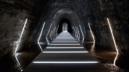 Obraz premium Lighting and reflective strips guiding safe pathway in dark mine tunnel