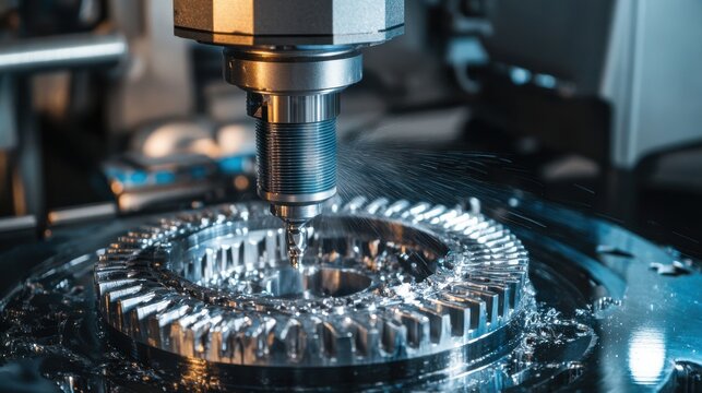 Close up of a cnc machine cutting a metal gear with coolant spraying during the manufacturing process - Powered by Adobe