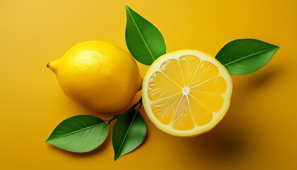 yellow lemon with green leaf decoration in photo on yellow background generative ai