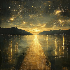 Golden light over calm waters. Hills in distance, with a starry, light-filled sky reflected. Impressionistic style