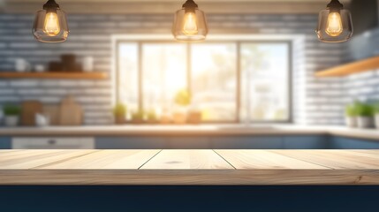 Light Wood Tabletop in Blurred Modern Kitchen Background