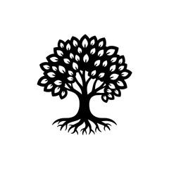 Tree silhouette with detailed leaves and roots suitable for various uses