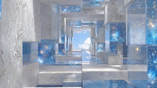 Architectural illusion, a passage to ethereal realm, cosmic cubes of blue stars in a futuristic