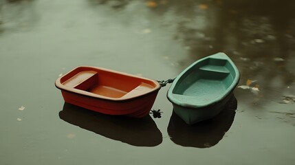 Two Tiny Boats on Calm Water, Miniature Rowboats,  A Peaceful Scene