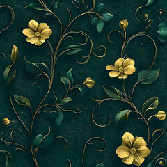 Gold flowers and verdant leaves with elegant, swirling branches on a dark green textured backdrop create a pattern