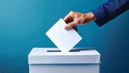 hand dropping a blank ballot into a white ballot box blue background concept of democracy voting elections political