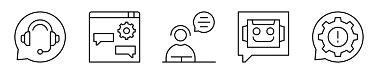 Conjunto de iconos de soporte y chat. Canales de comunicación. Asistencia virtual, mensajes, conversación, chatbot automatizado y configuración de mensaje. Ilustración vectorial 