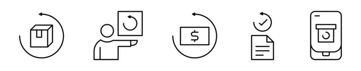 Conjunto de iconos de devolución. Retorno de productos. Paquete devuelto, entrega de devolución, reembolso de dinero, aprobación y pedido digital. Ilustración vectorial 