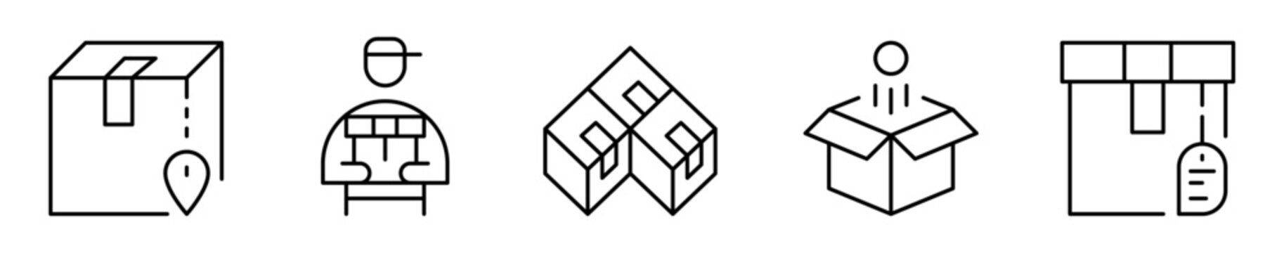 Conjunto de iconos de paquetes. Entregas y env&iacute;os. Caja cerrada, entrega de paquete, almacenamiento, paquete abierto y caja con sello y etiqueta. Ilustraci&oacute;n vectorial 