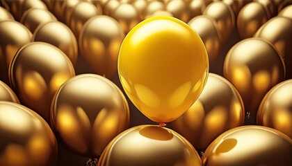a single yellow balloon stands out from a crowd of golden balloons symbolizing individuality and standing out from the crowd