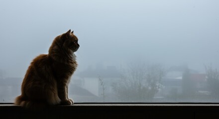 Cat sitting by window, looking out at foggy landscape
